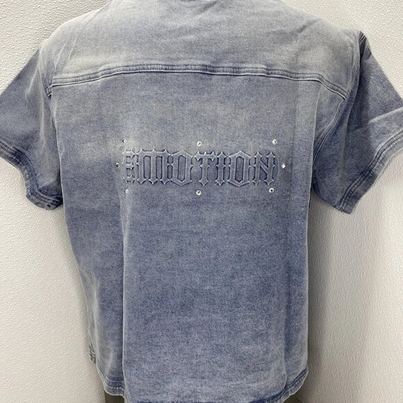 NEW MIXED EMOTION Paisley Denim Short-Sleeve Snap-Down Shirt – Blue – Size M - Picture 12 of 15